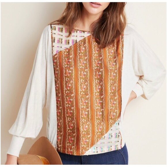Anthropologie Tiny Sammi Sequined Puff Sleeve Boho Top Blouse Neutral XS - Picture 2 of 10
